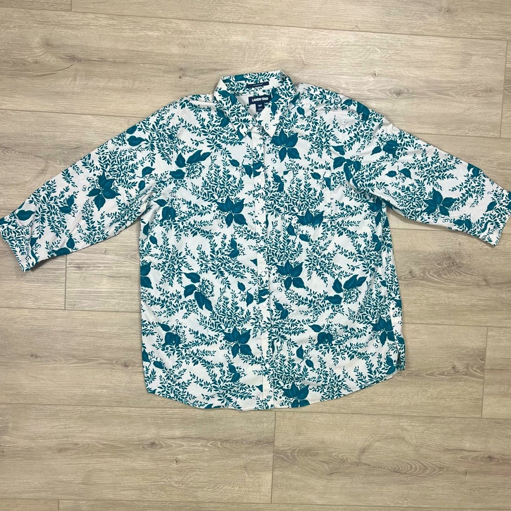Lands' End Floral Teal Top Shirt Blouse Plus Size 18P 18 Petite 3/4 sleeves